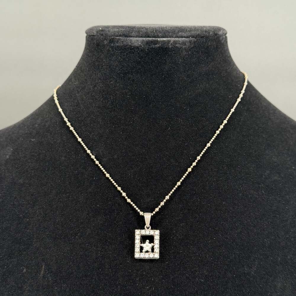 Vintage 925 Silver Tone Open Square Star Pendant Necklace Rhinestone